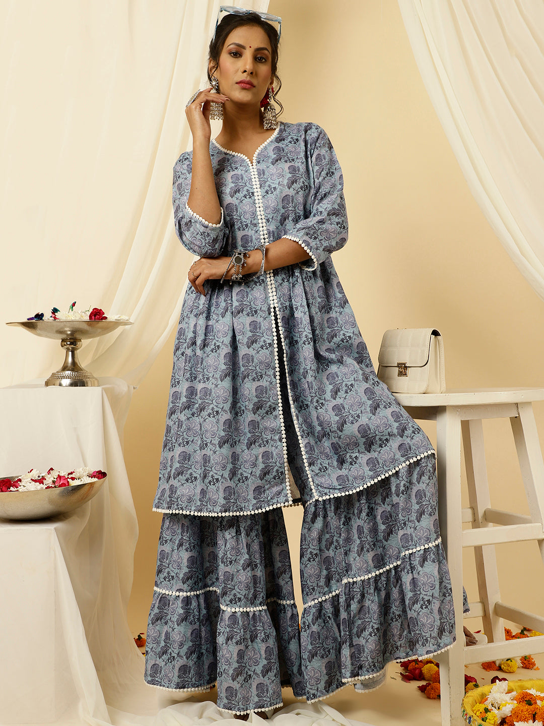 Blue Floral Print Flared Kurta With Sharara