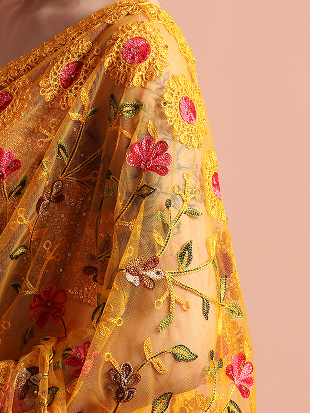 Mustard Party Wear Floral Embroidered Net Saree