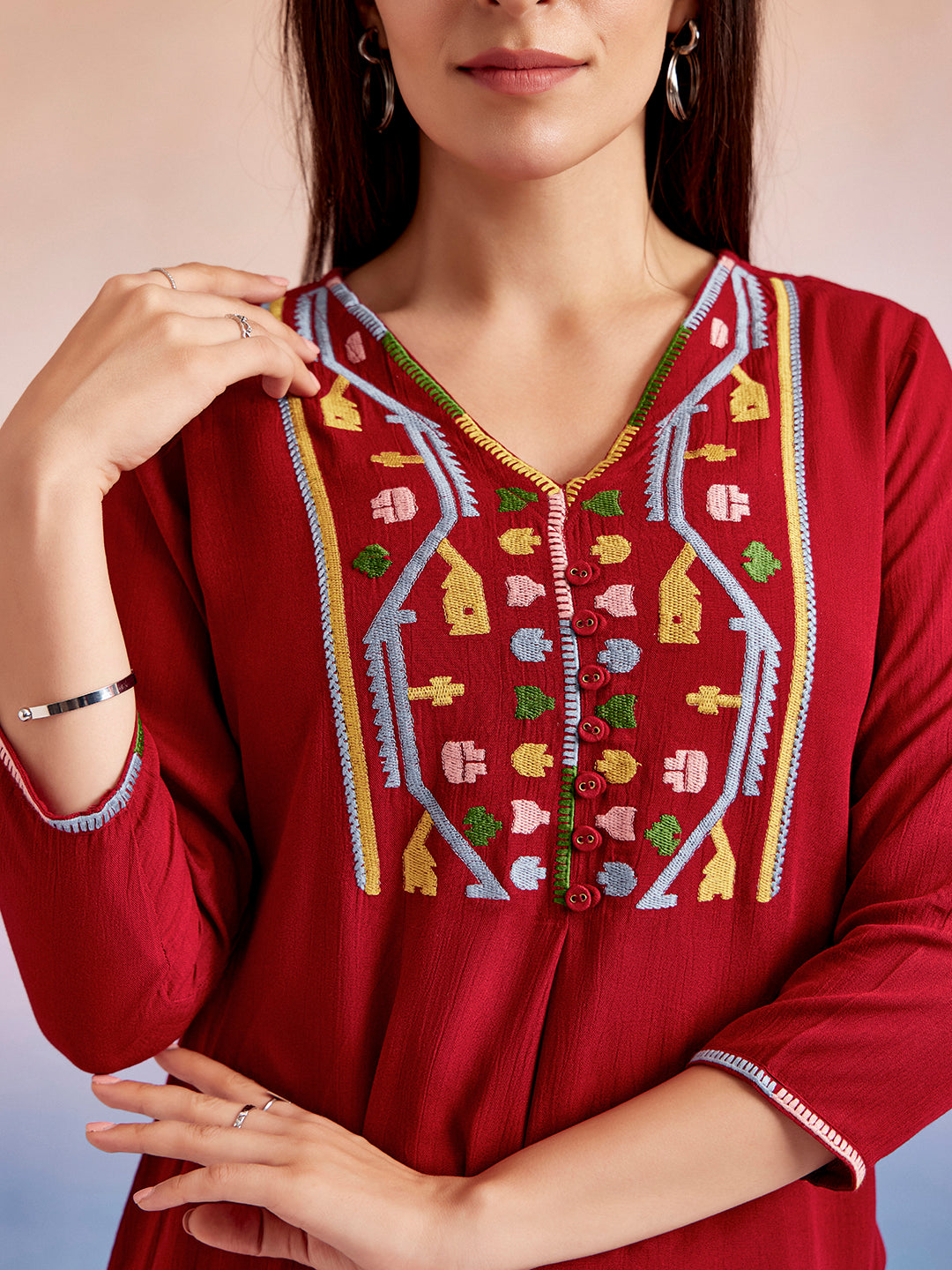 Solid Red Embroidered Casual Top