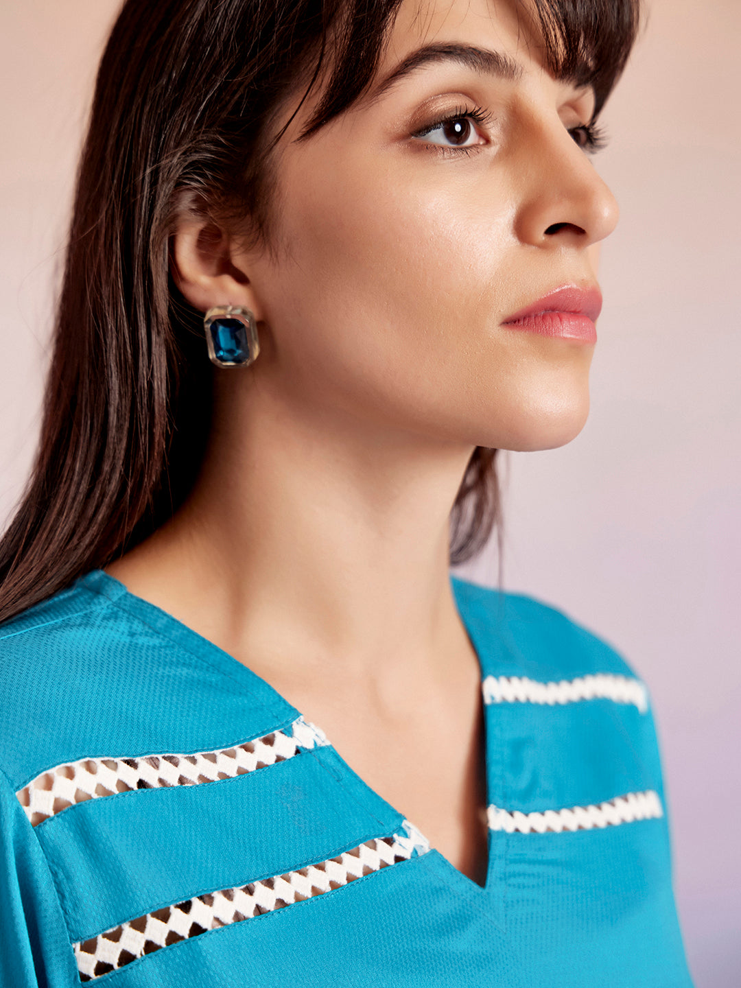 Turquoise Blue Solid High-Low Casual Top