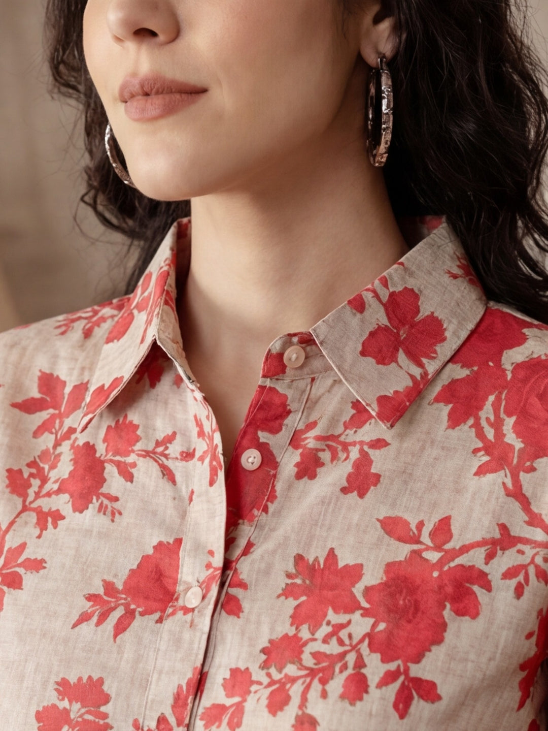 Floral Beige Collared Kurta