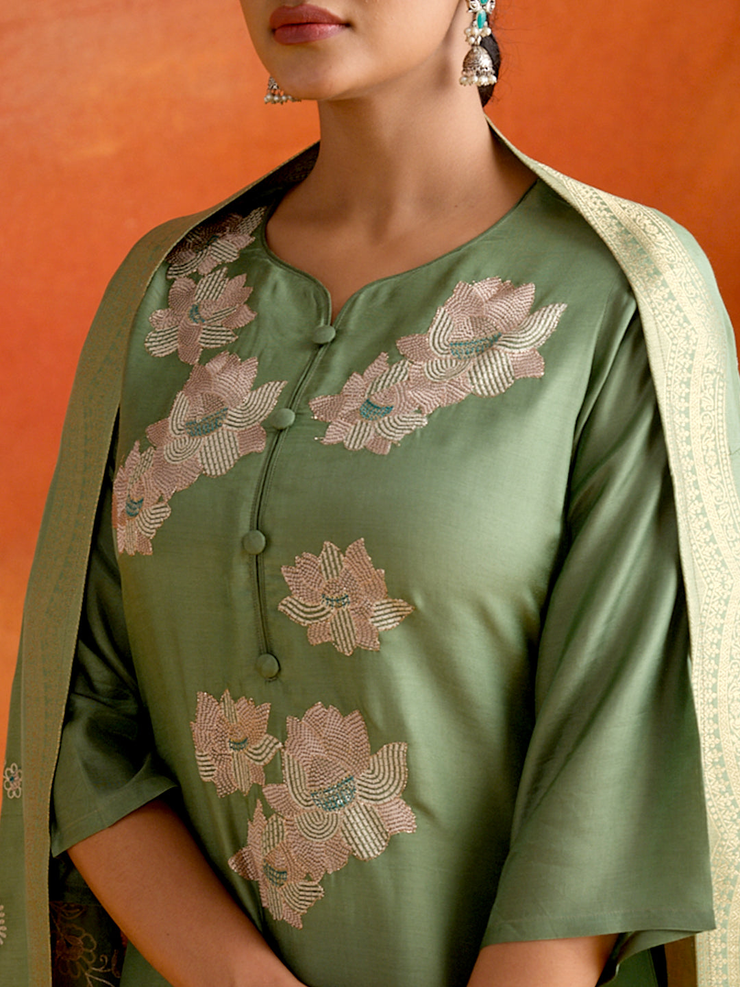 Green Hand Embroidered Festive Kurta Set With Dupatta
