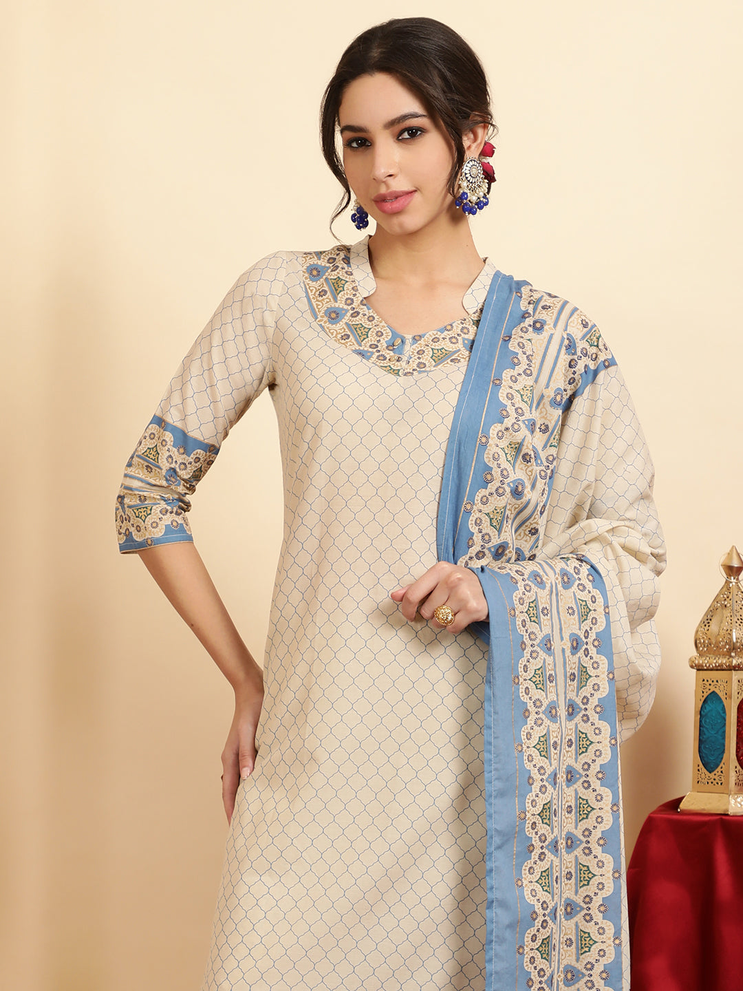 Ethnic Printed Blue Cotton Straight Kurta With Pants And Dupatta