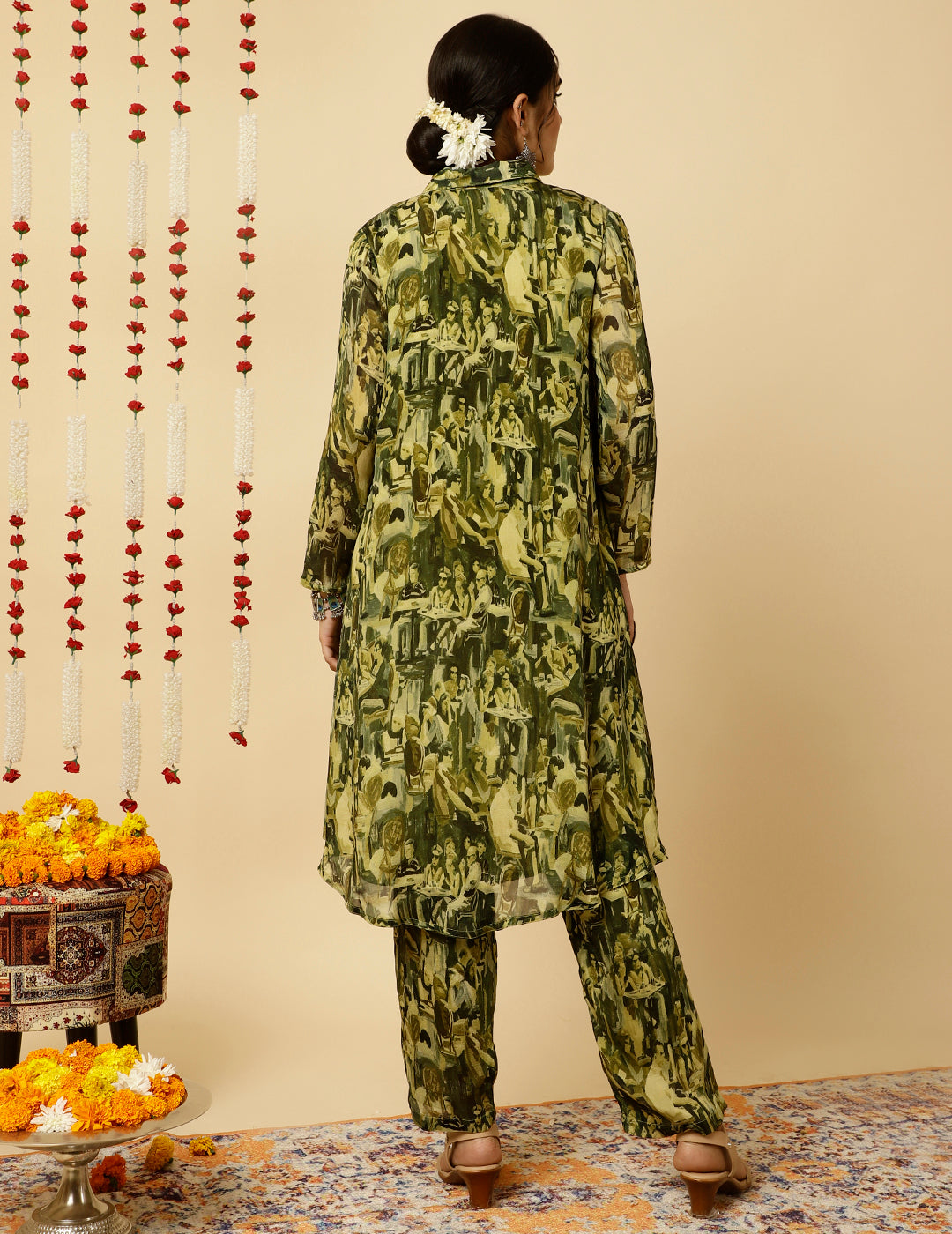 Green Abstract Printed Embroidered Co ord Set