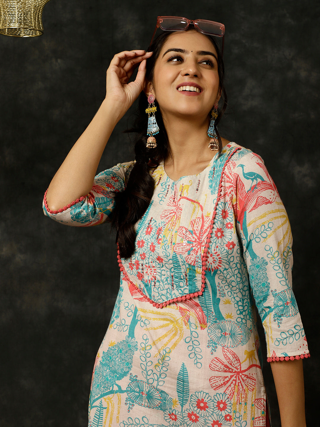 Coral Kantha Work Printed Straight Kurta With Palazzo