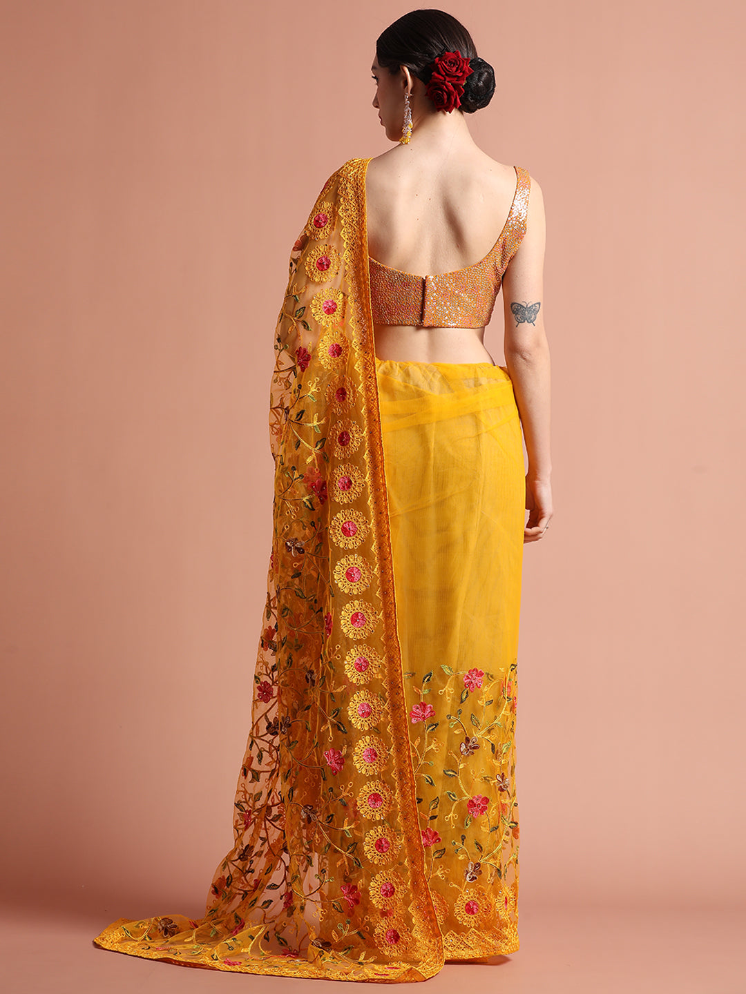 Mustard Party Wear Floral Embroidered Net Saree