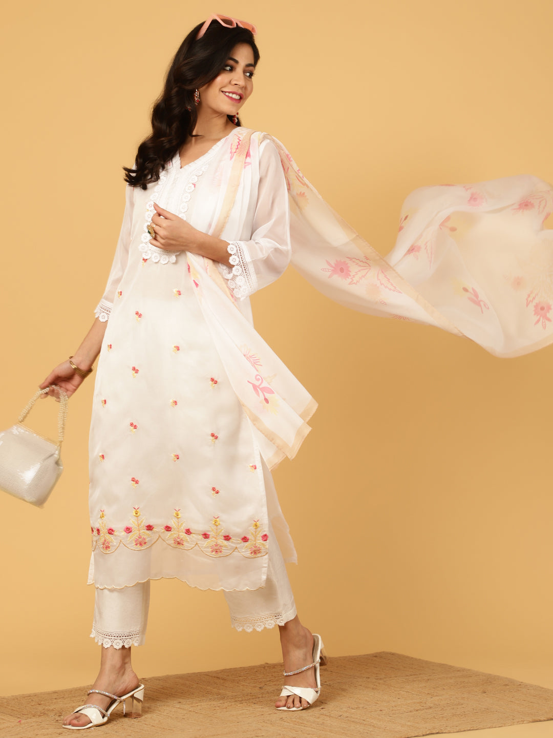 White Aari Work Art Silk Kurta With Pants And Dupatta