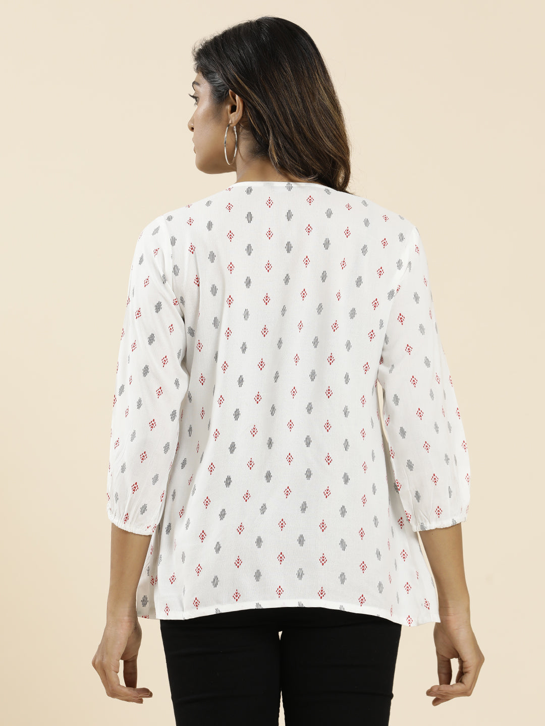 White Geometric Printed Peplum Top