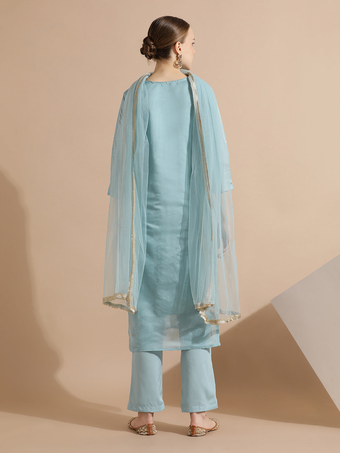 Sky Blue Chanderi Woven Festive Kurta Set With Dupatta