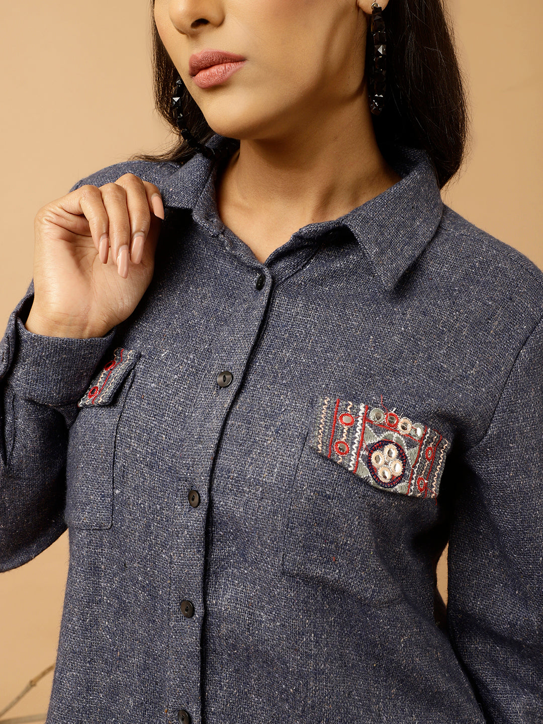 Navy Blue Embroidered Woolen Shirt