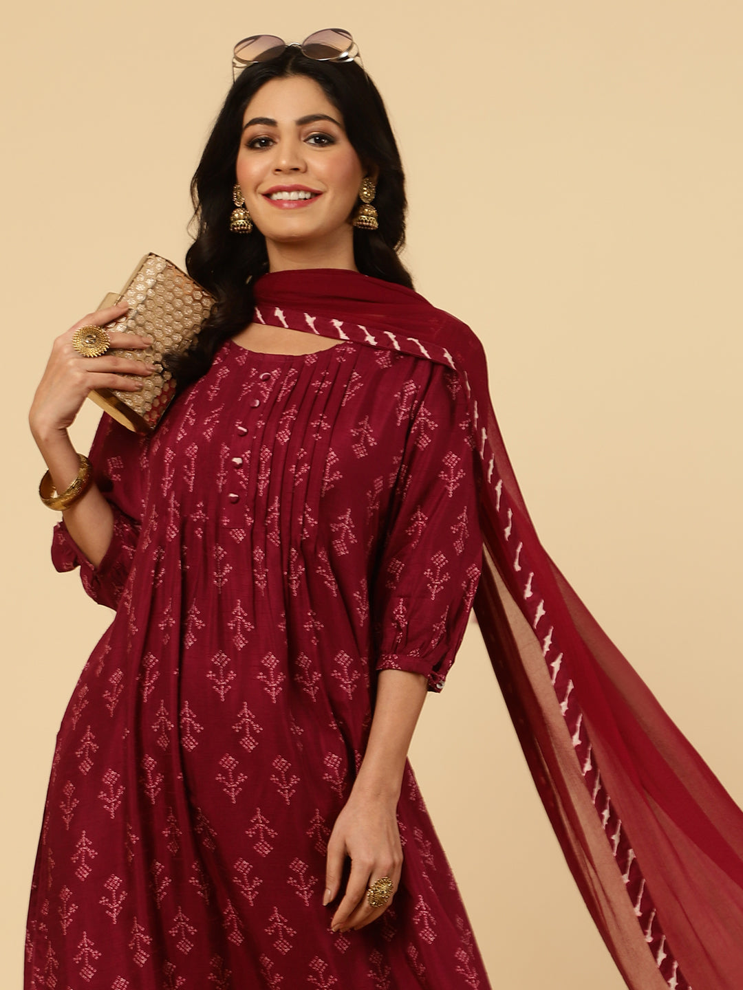 Wine Dola Silk Pleated Bandhani Kurta With Palazzo And Dupatta