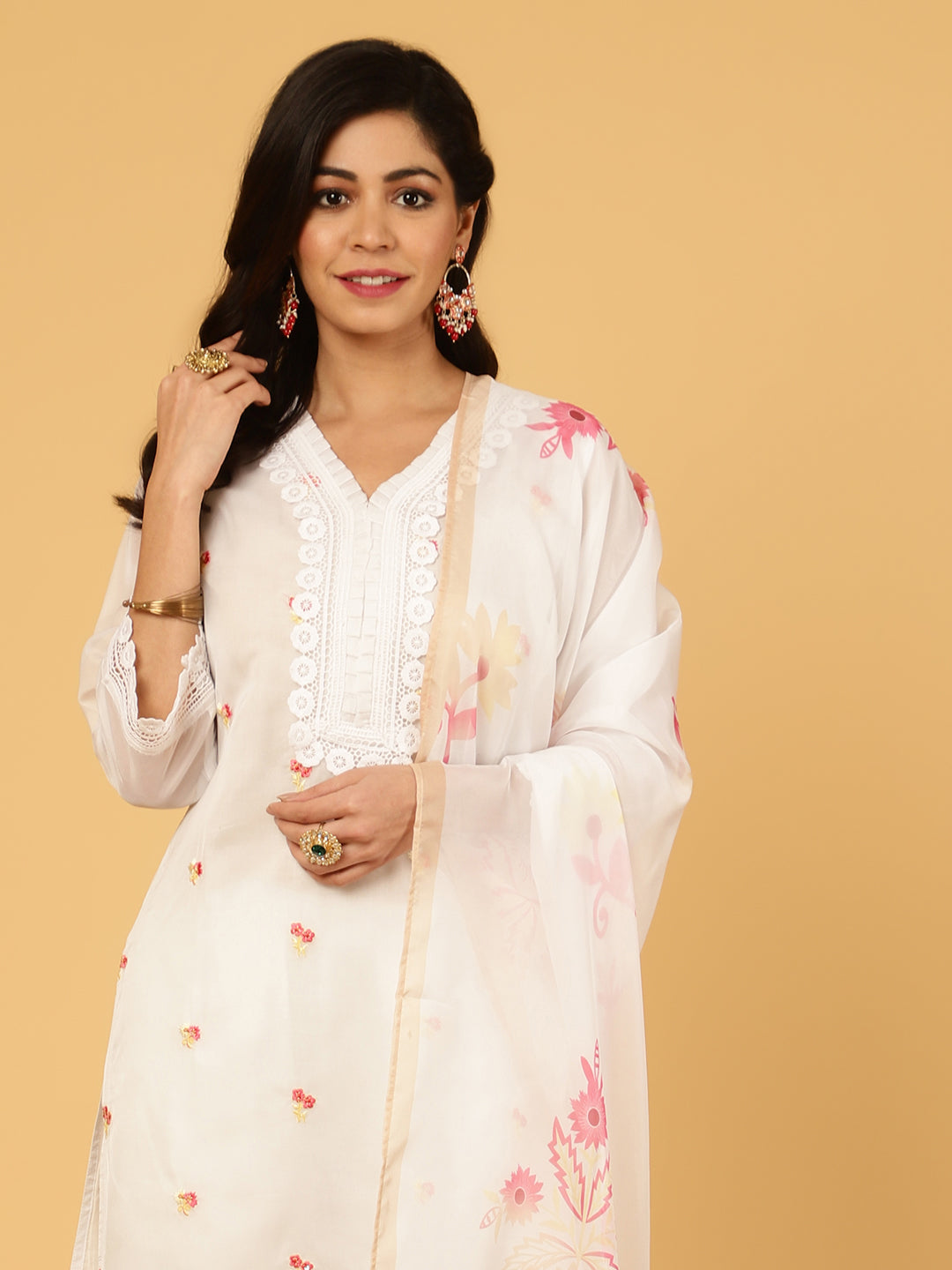 White Aari Work Art Silk Kurta With Pants And Dupatta