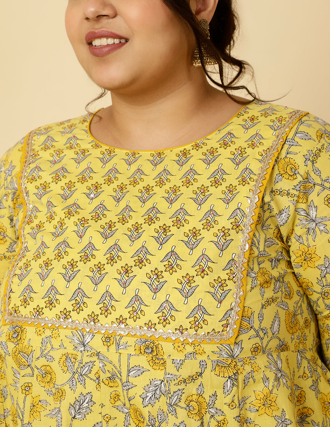 Plus Size Yellow Ethnic Print Anarkali Kurta With Pants And Dupatta