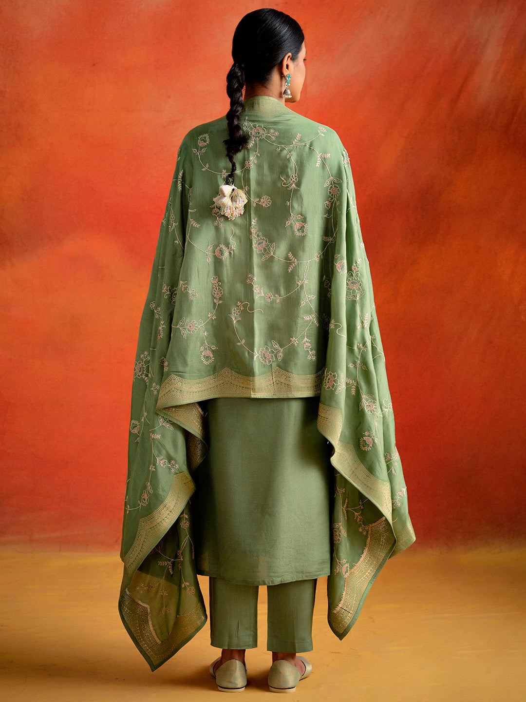 Green Hand Embroidered Festive Kurta Set With Dupatta