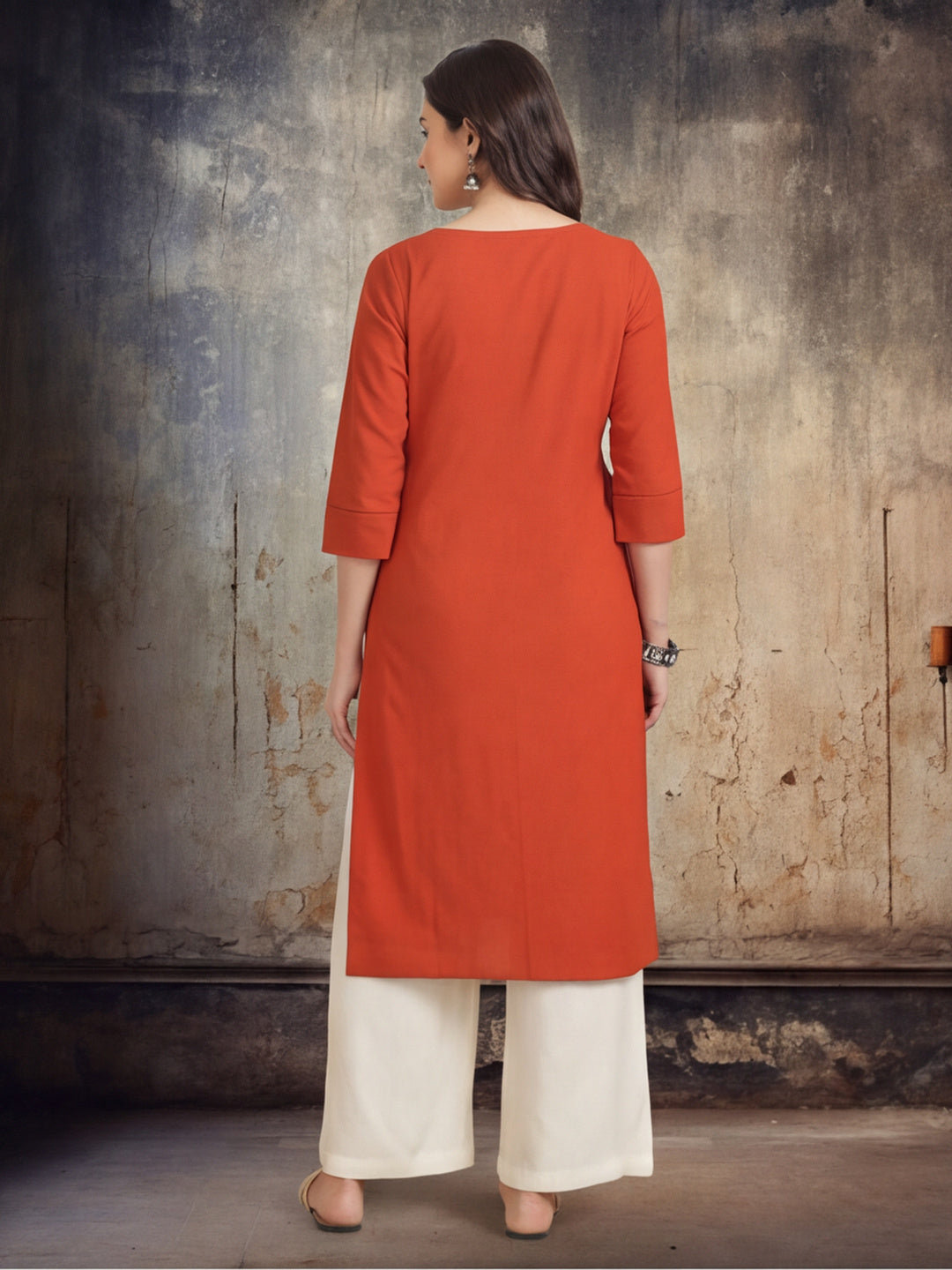 Women Keyhole Solid Staright Three Fourth Sleeve Pure Cotton Kurta