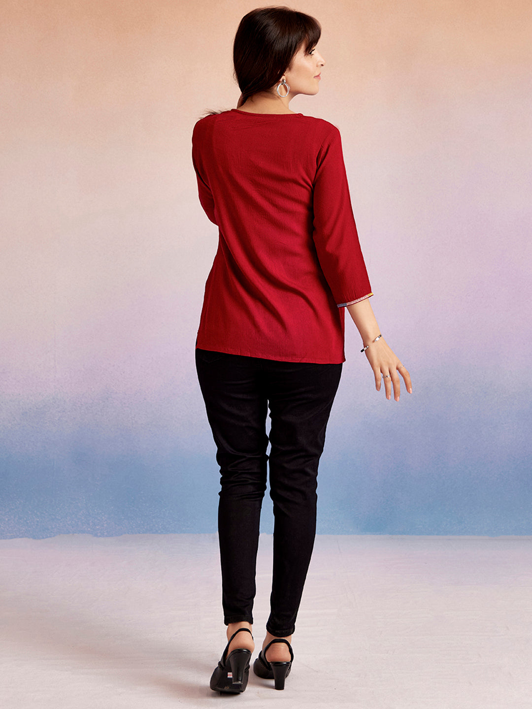 Solid Red Embroidered Casual Top