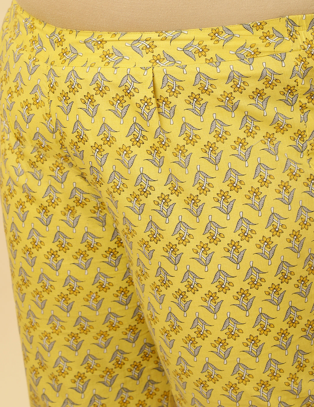 Plus Size Yellow Ethnic Print Anarkali Kurta With Pants And Dupatta