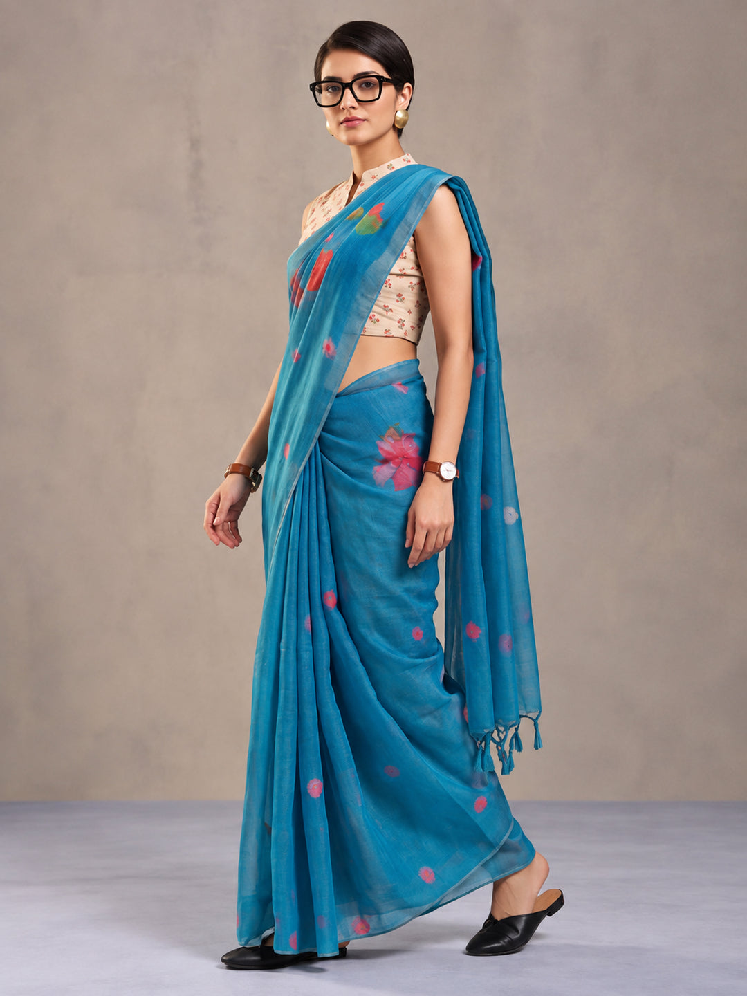 Teal Blue Eroad Silk Saree with Digital Floral Print Soft Lightweight Ethnic Festive Saree