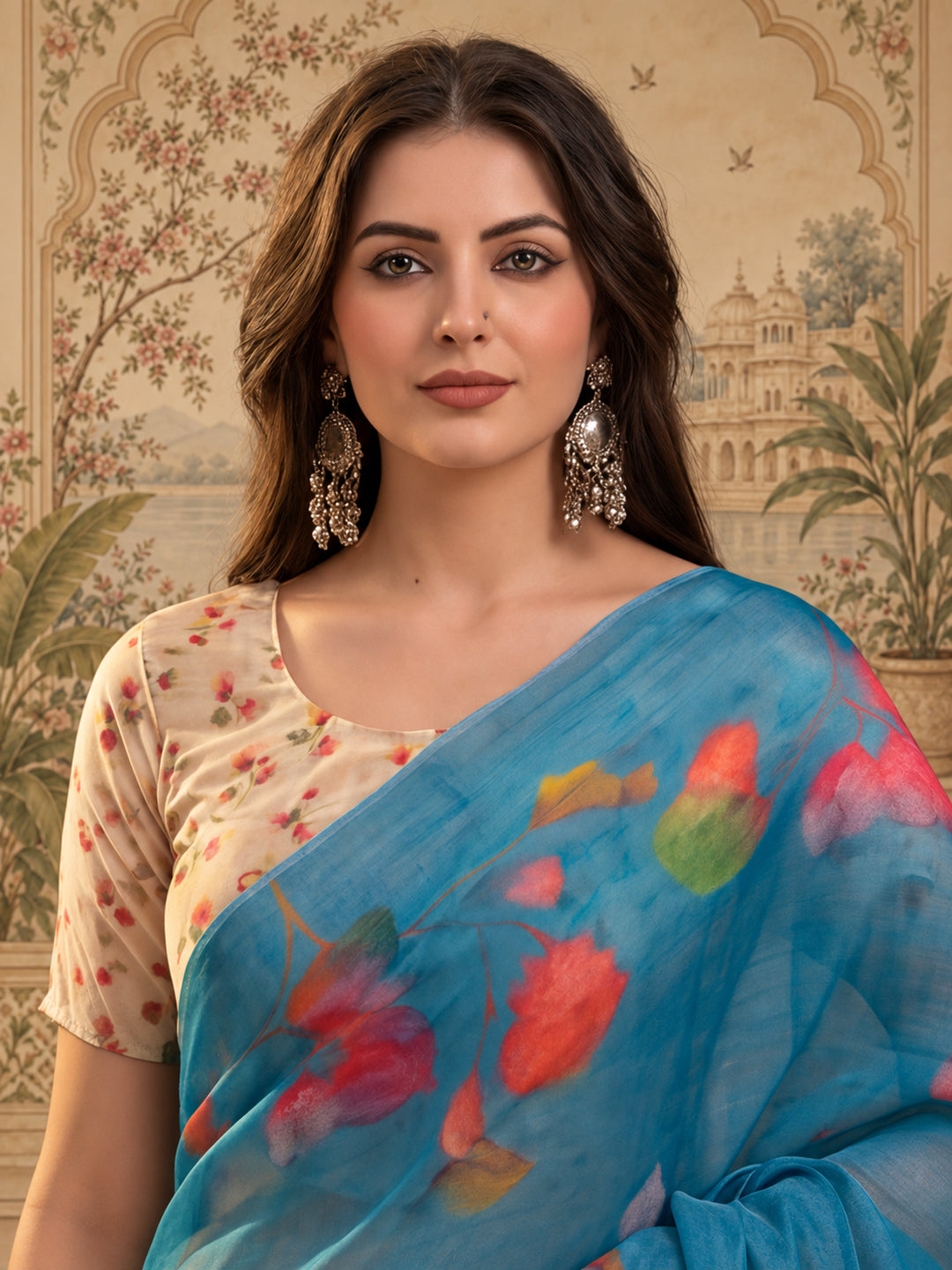 Teal Blue Eroad Silk Saree with Digital Floral Print Soft Lightweight Ethnic Festive Saree