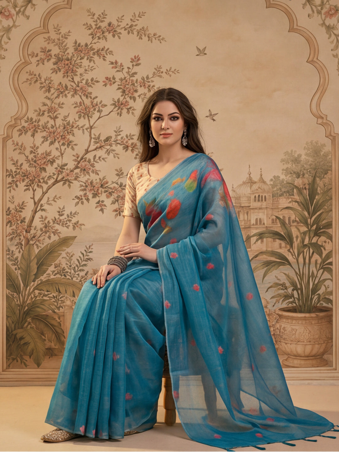 Teal Blue Eroad Silk Saree with Digital Floral Print Soft Lightweight Ethnic Festive Saree