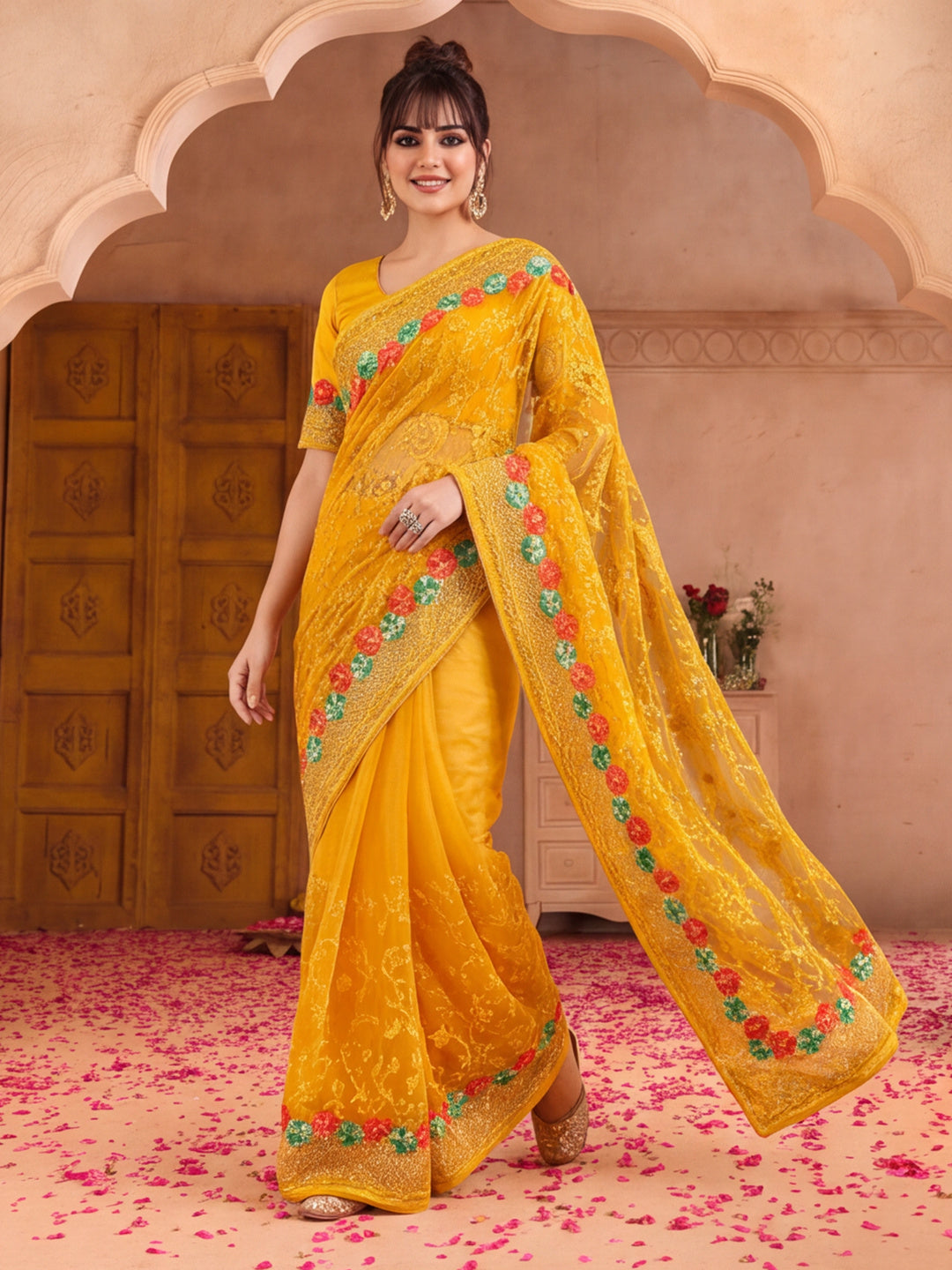 Jaipur Kurti Women'S Beautifull Embroidery Work Yellow Saree
