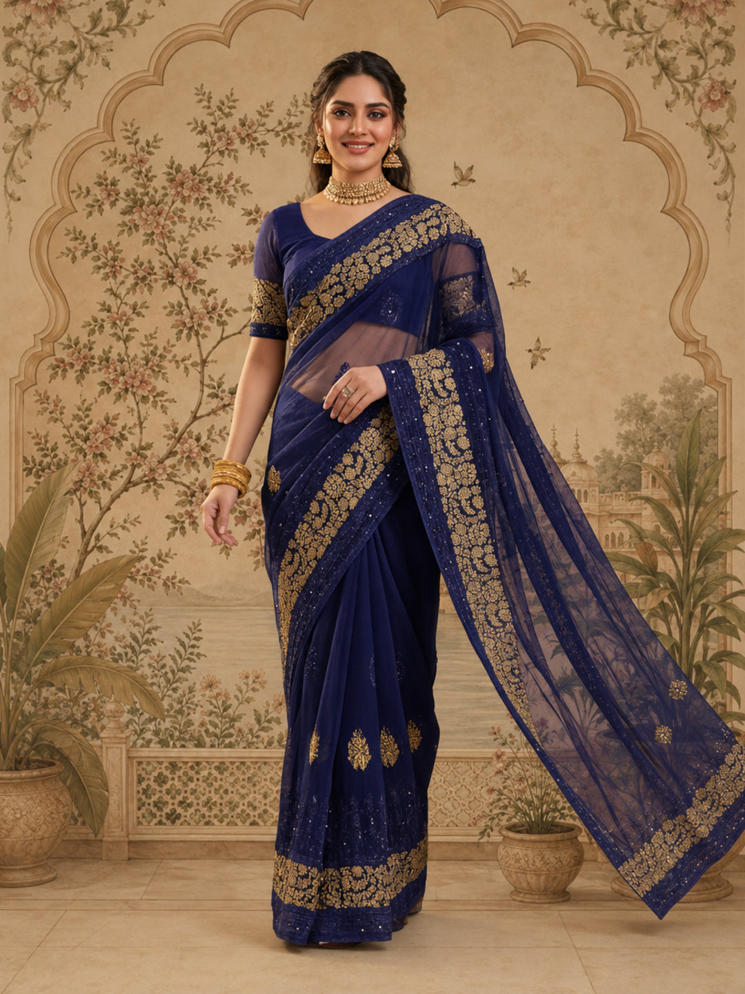 Jaipur Kurti Women'S Classic Embroidery Work Navy Blue Saree