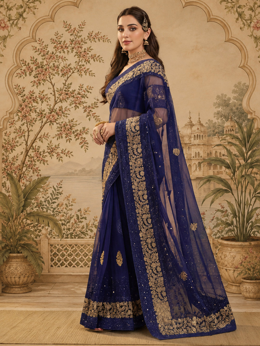 Jaipur Kurti Women'S Classic Embroidery Work Navy Blue Saree
