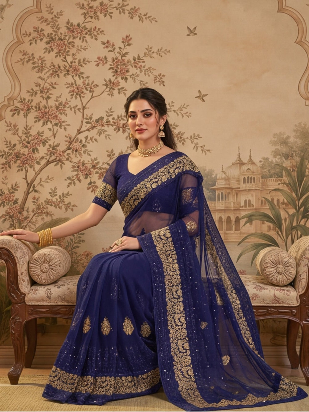 Jaipur Kurti Women'S Classic Embroidery Work Navy Blue Saree