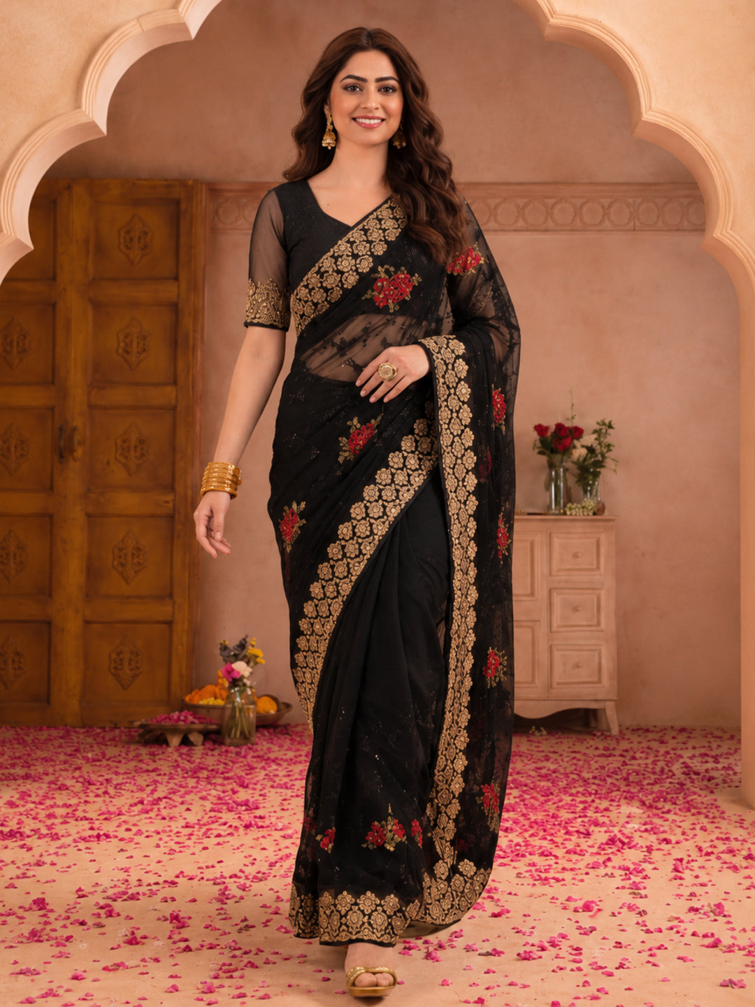 Jaipur Kurti Women'S Dashing Embroidery Work Black Saree
