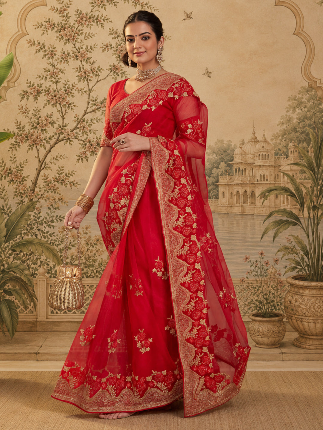 Jaipur Kurti Women'S Clasic Embroidery Work Red Saree