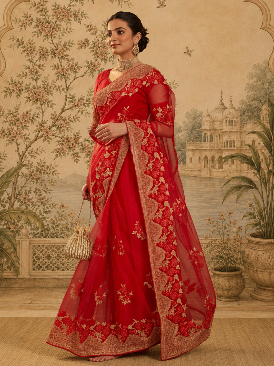 Jaipur Kurti Women'S Clasic Embroidery Work Red Saree