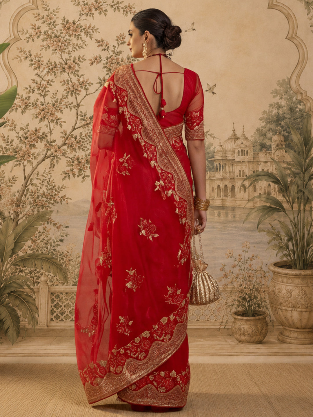 Jaipur Kurti Women'S Clasic Embroidery Work Red Saree