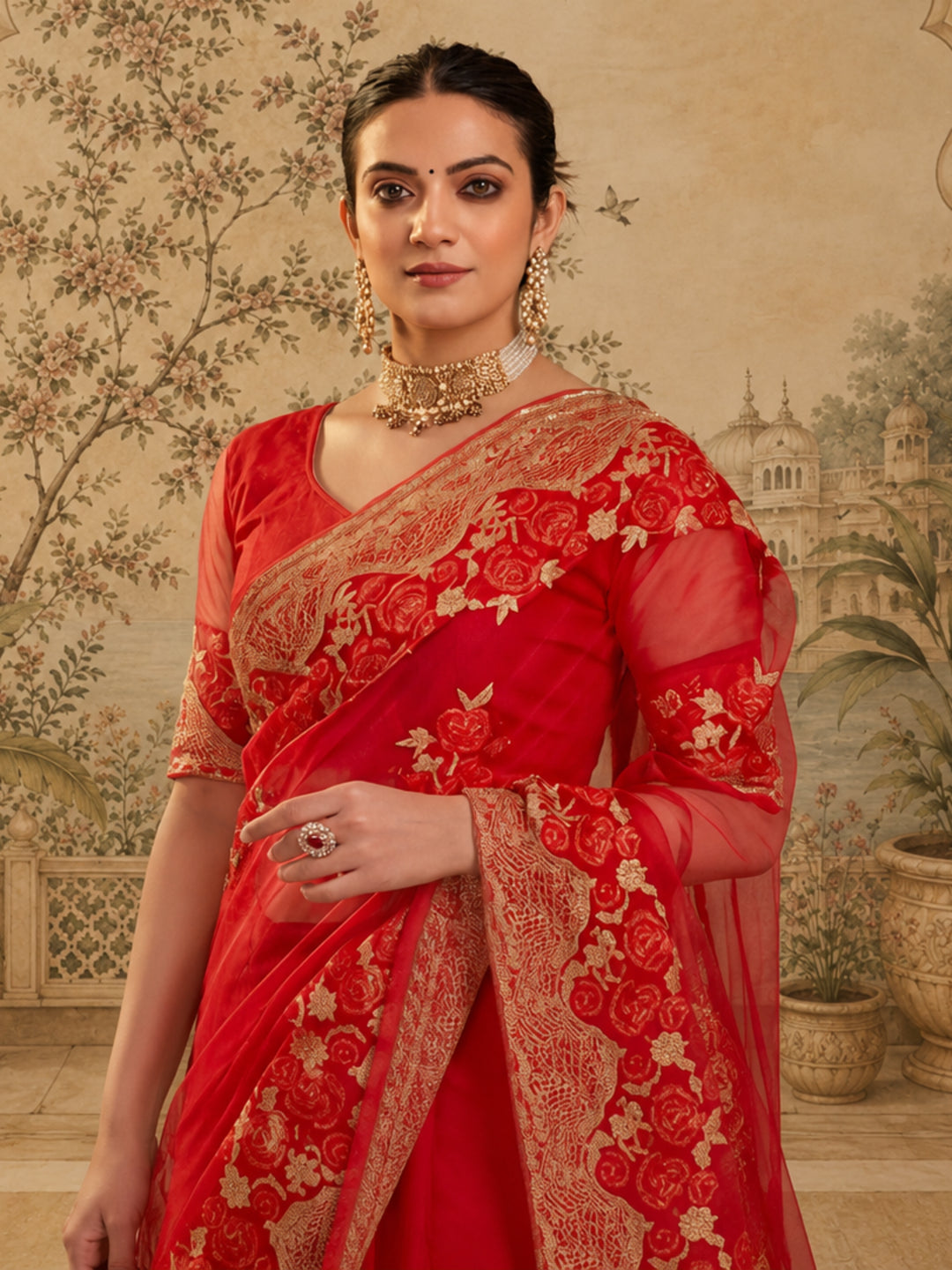 Jaipur Kurti Women'S Clasic Embroidery Work Red Saree