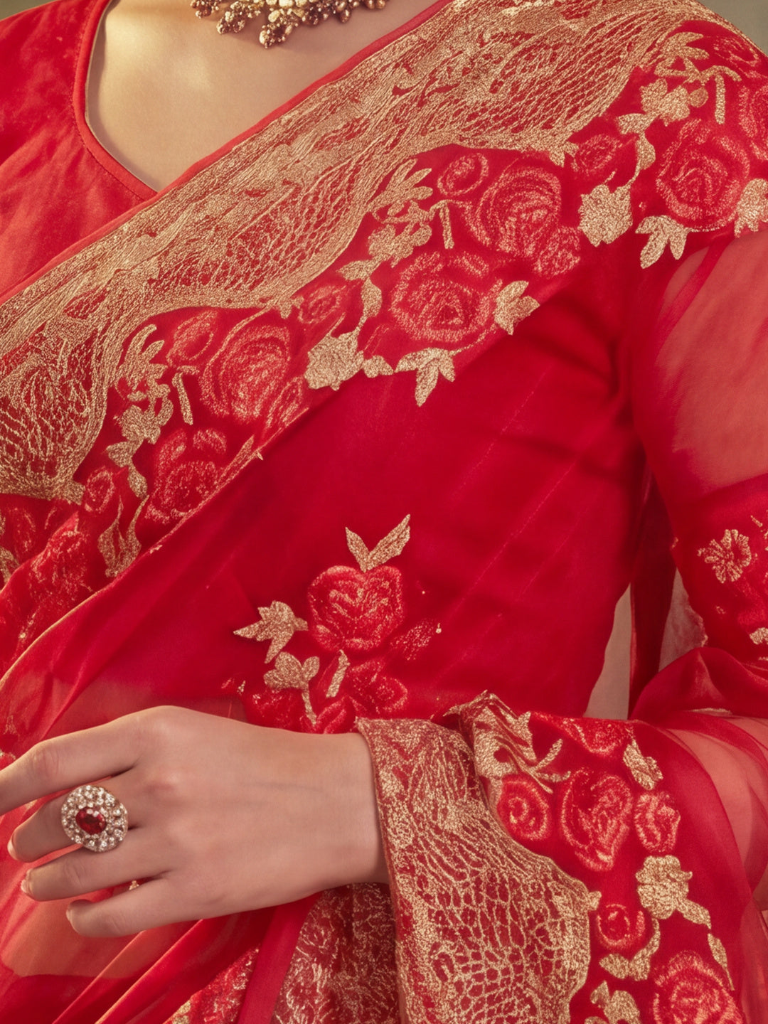 Jaipur Kurti Women'S Clasic Embroidery Work Red Saree