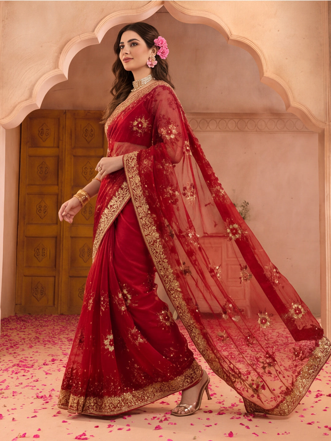 Jaipur Kurti Women'S Fancy Embroidery Work Maroon Saree