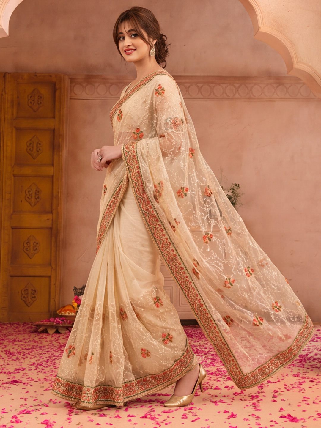 Jaipur Kurti Women'S Preety Embroidery Work Chiku Saree
