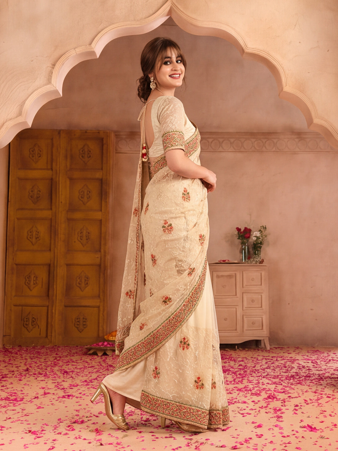 Jaipur Kurti Women'S Preety Embroidery Work Chiku Saree
