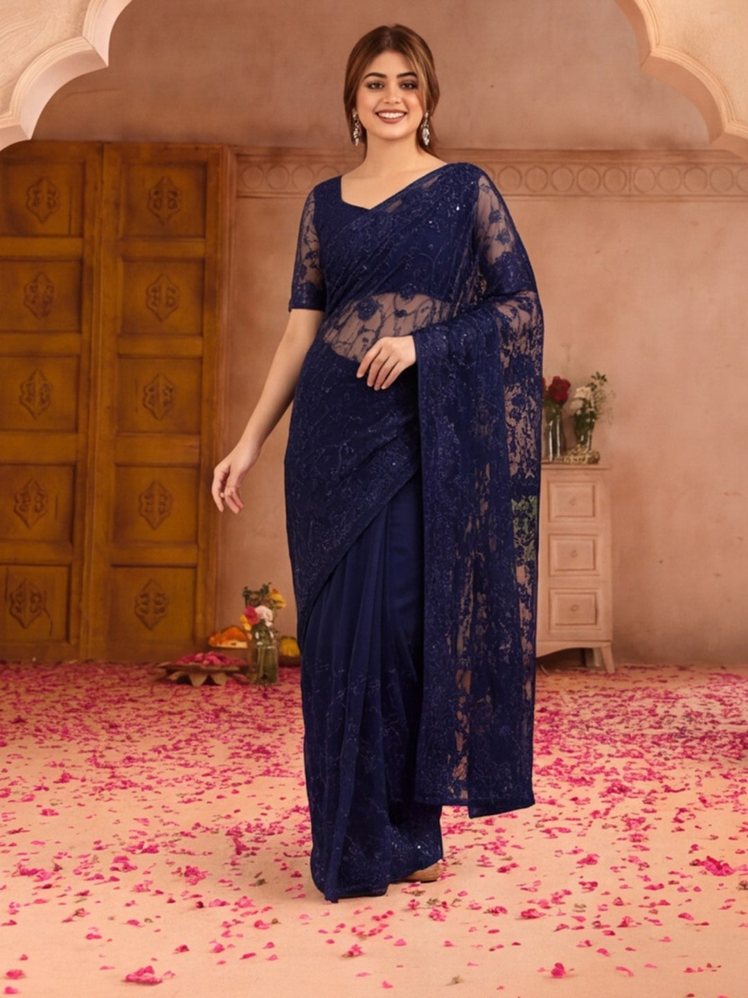 Jaipur Kurti Women'S Designer Embroderied Work Neavy Blue Saree