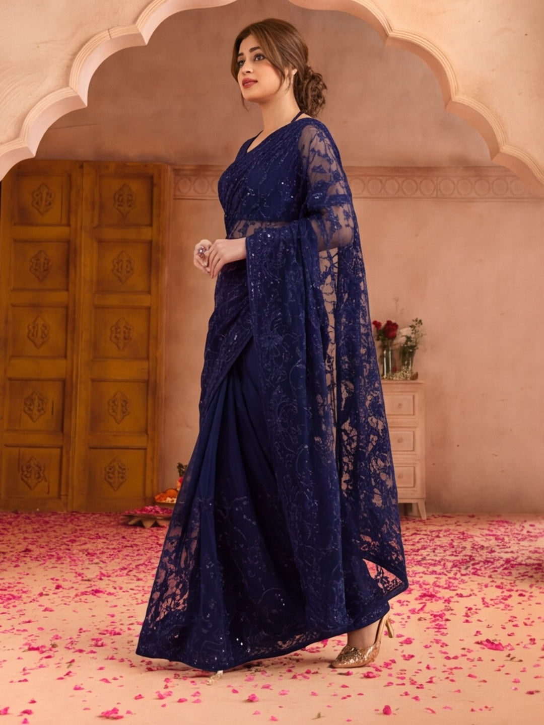 Jaipur Kurti Women'S Designer Embroderied Work Neavy Blue Saree