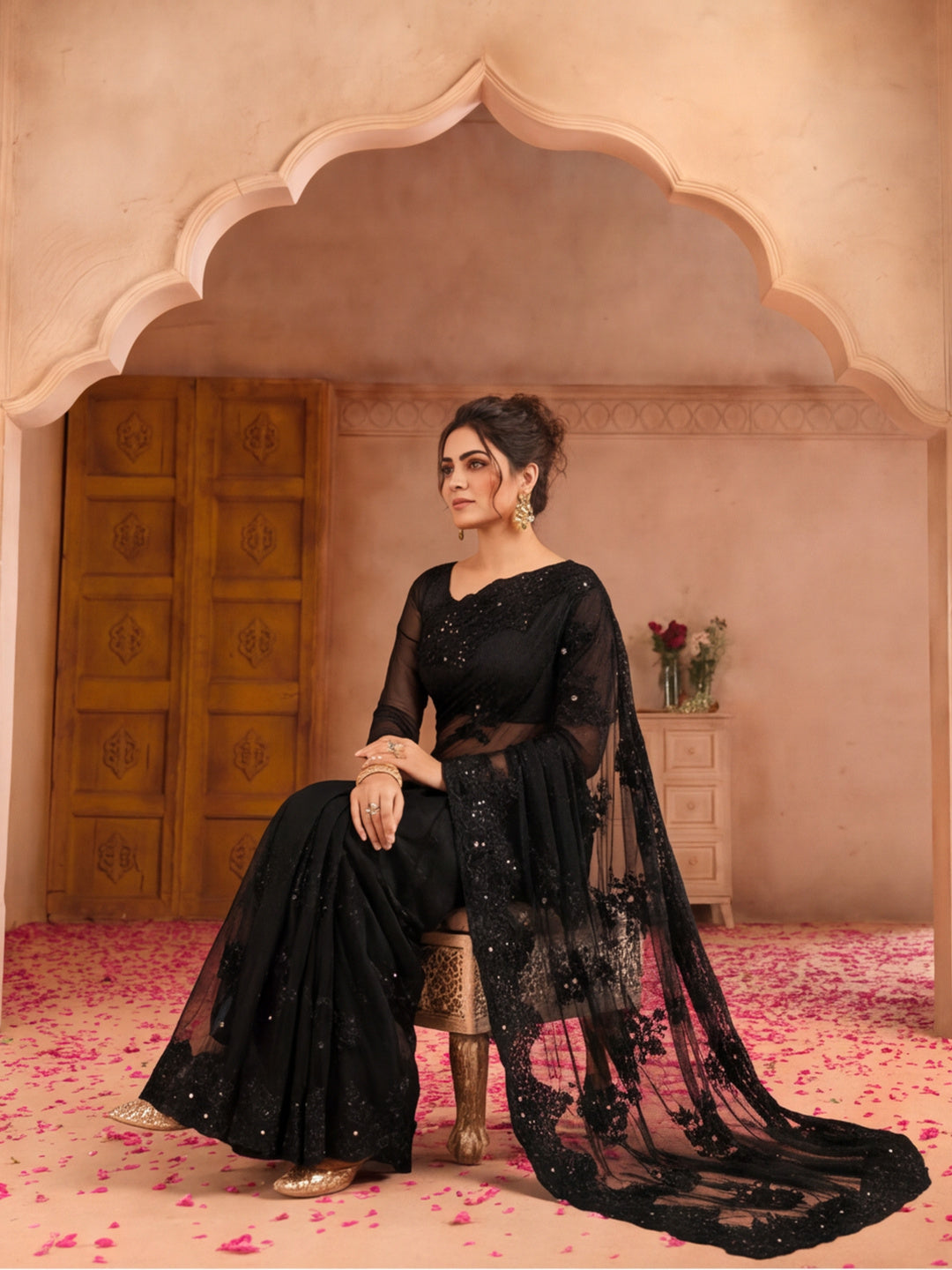 Jaipur Kurti Women'S Designer Embroderied Work Black Saree