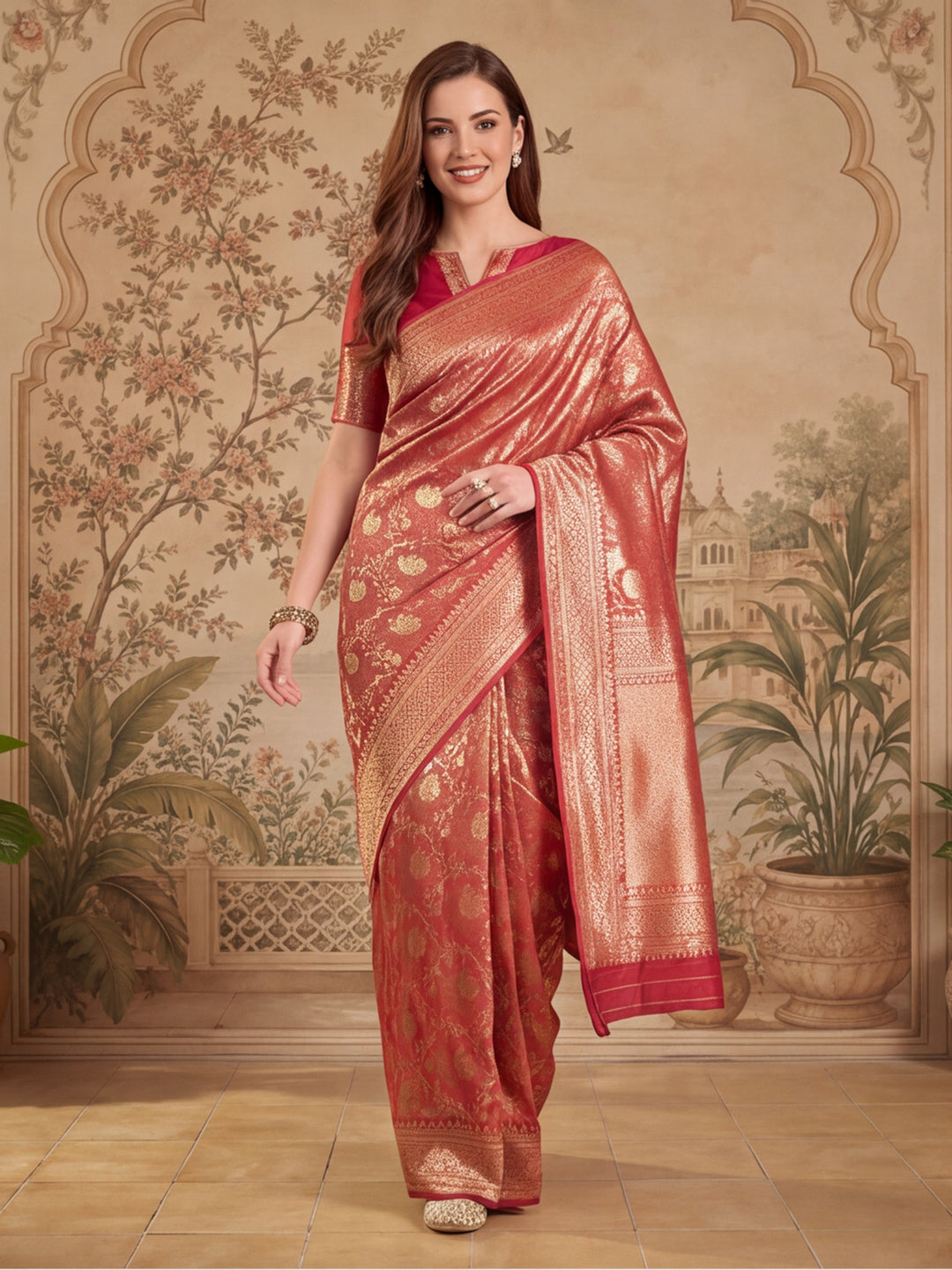 Enchanting Red Weaving Work Banarasi Silk Saree - By Jaipur Kurti