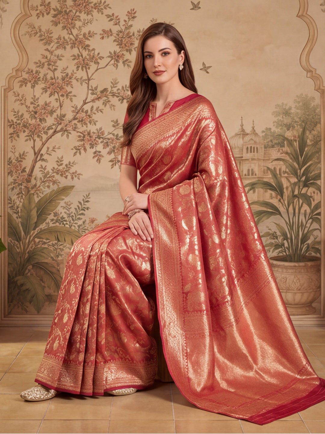 Enchanting Red Weaving Work Banarasi Silk Saree - By Jaipur Kurti