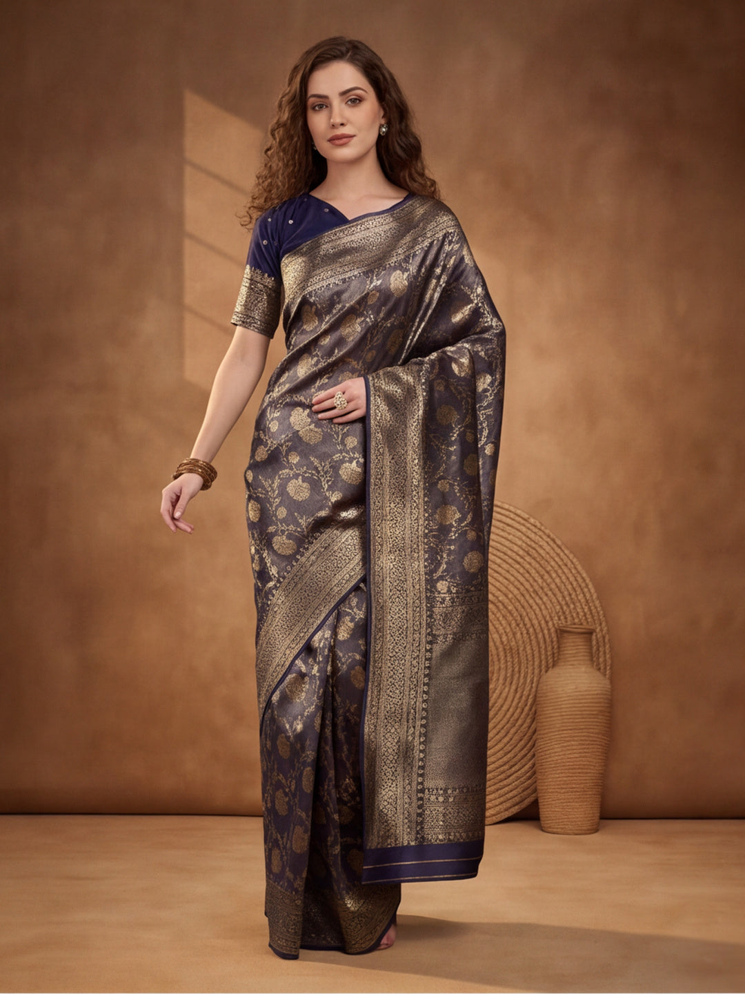 Captivating Navy Blue Weaving Work Banarasi Silk Saree - By Jaipur Kurti