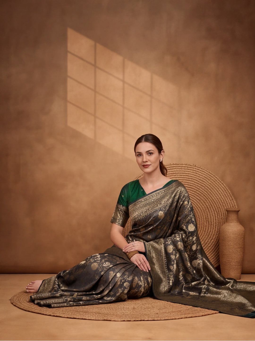 Elegant Mehandi Weaving Work Banarasi Silk Saree - By Jaipur Kurti