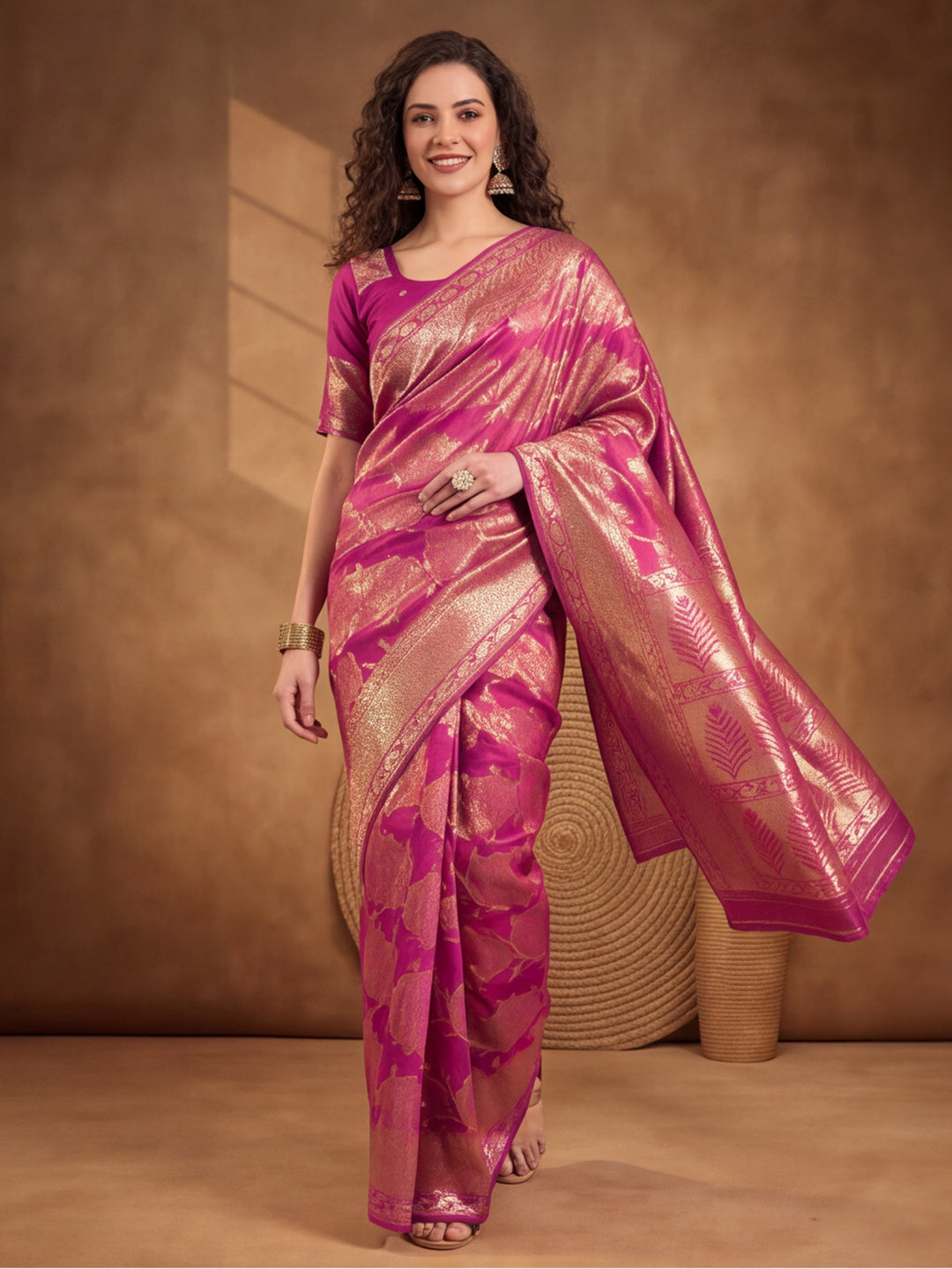 Graceful Pink Weaving Work Banarasi Silk Saree - By Jaipur Kurti