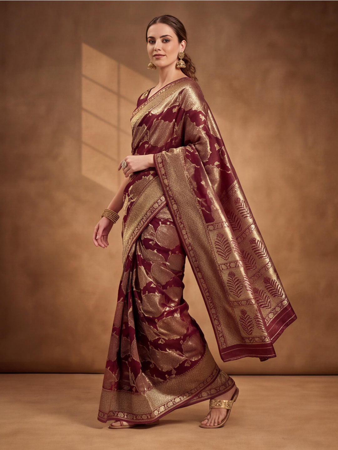 Exquisite Maroon Weaving Work Banarasi Silk Saree - By Jaipur Kurti