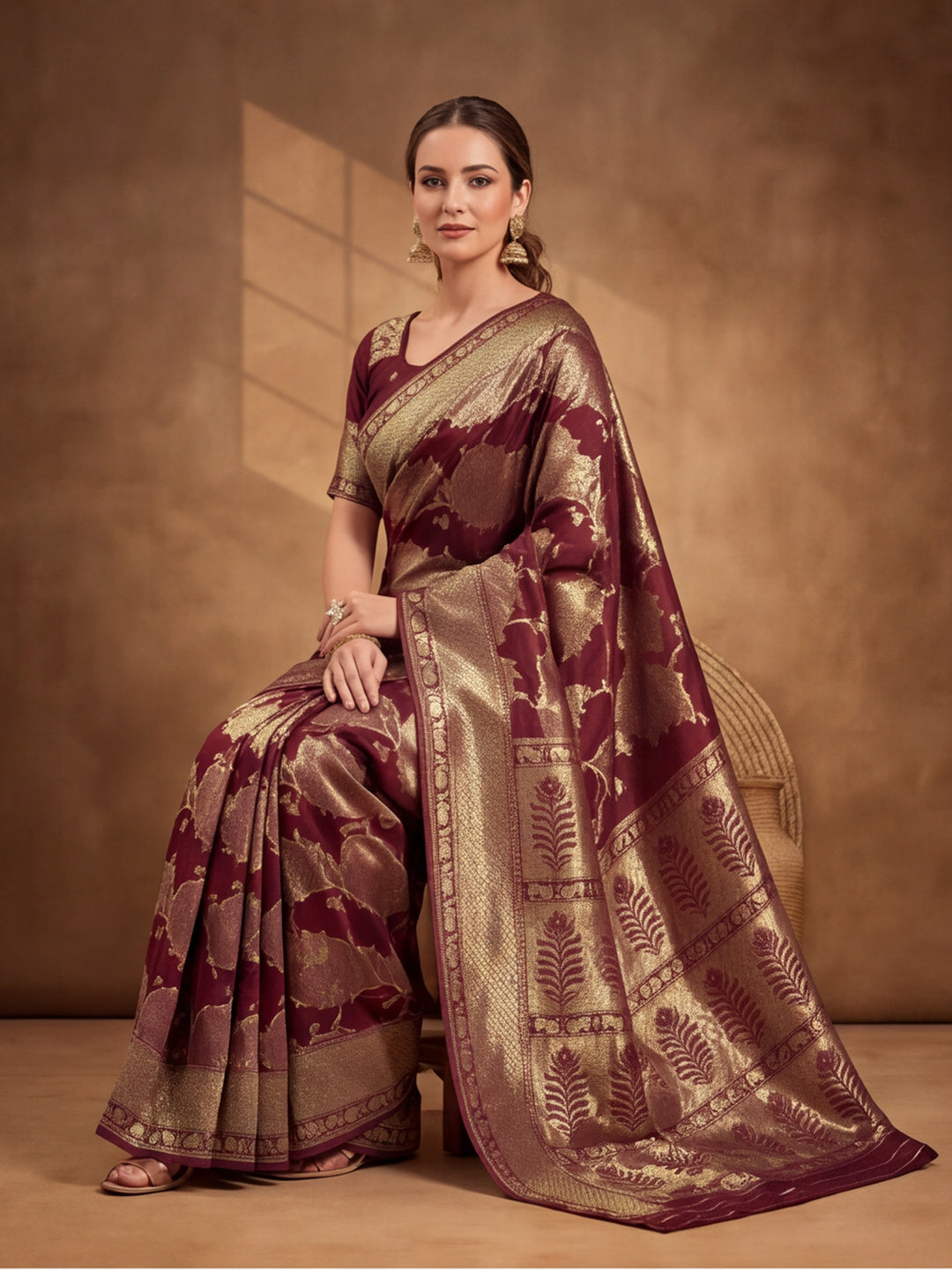 Exquisite Maroon Weaving Work Banarasi Silk Saree - By Jaipur Kurti