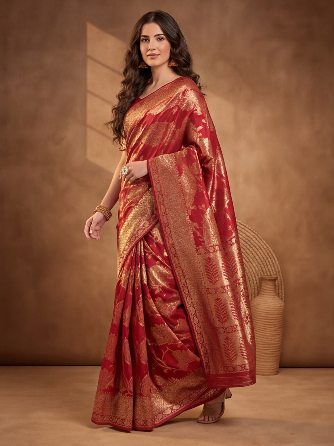 Stunning Red Weaving Work Banarasi Silk Saree - By Jaipur Kurti