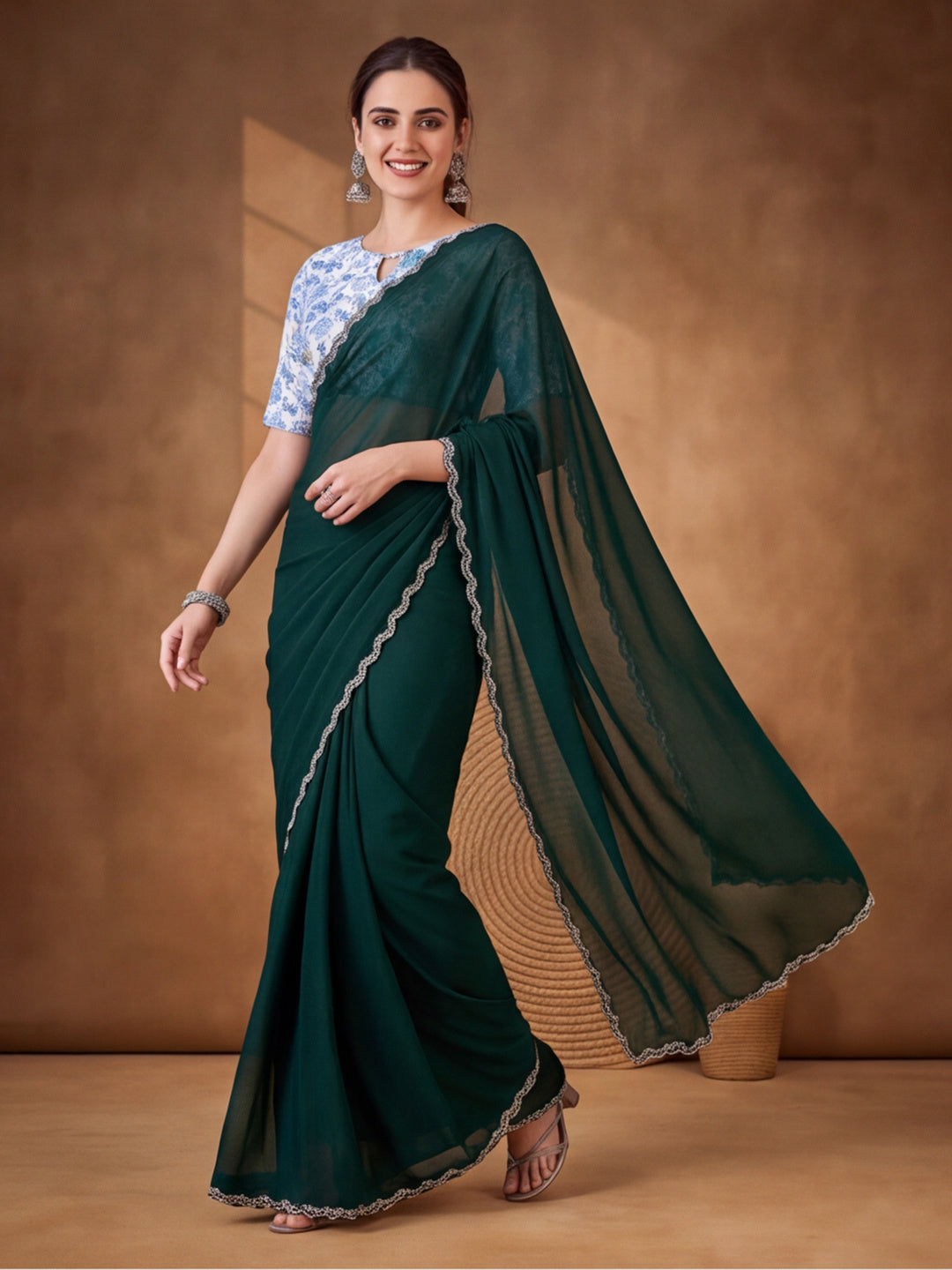Refreshing Green Satin Chiffon Embellished Saree for Festive Occasions – By Jaipur Kurti