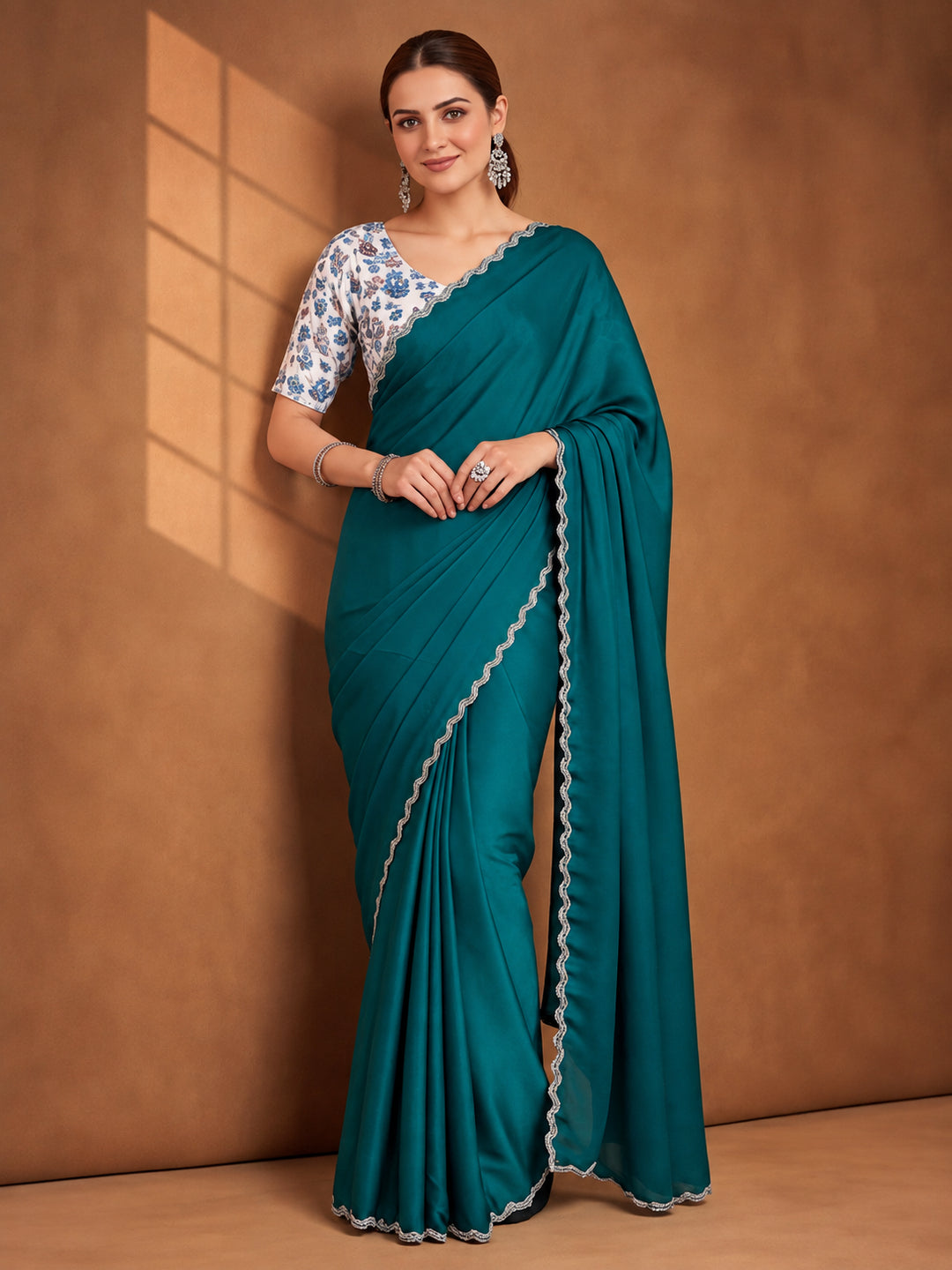 Trendy Teal Heavy Satin Chiffon Saree with Decorative Embellishments – By Jaipur Kurti
